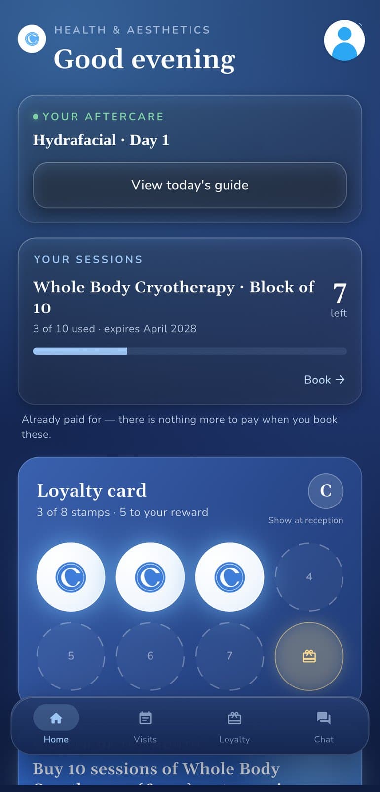 Clinic C app home screen with aftercare, sessions and loyalty card