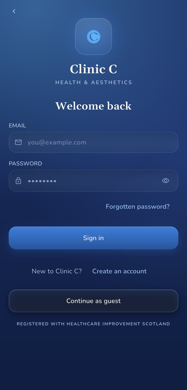 Clinic C app sign-in screen
